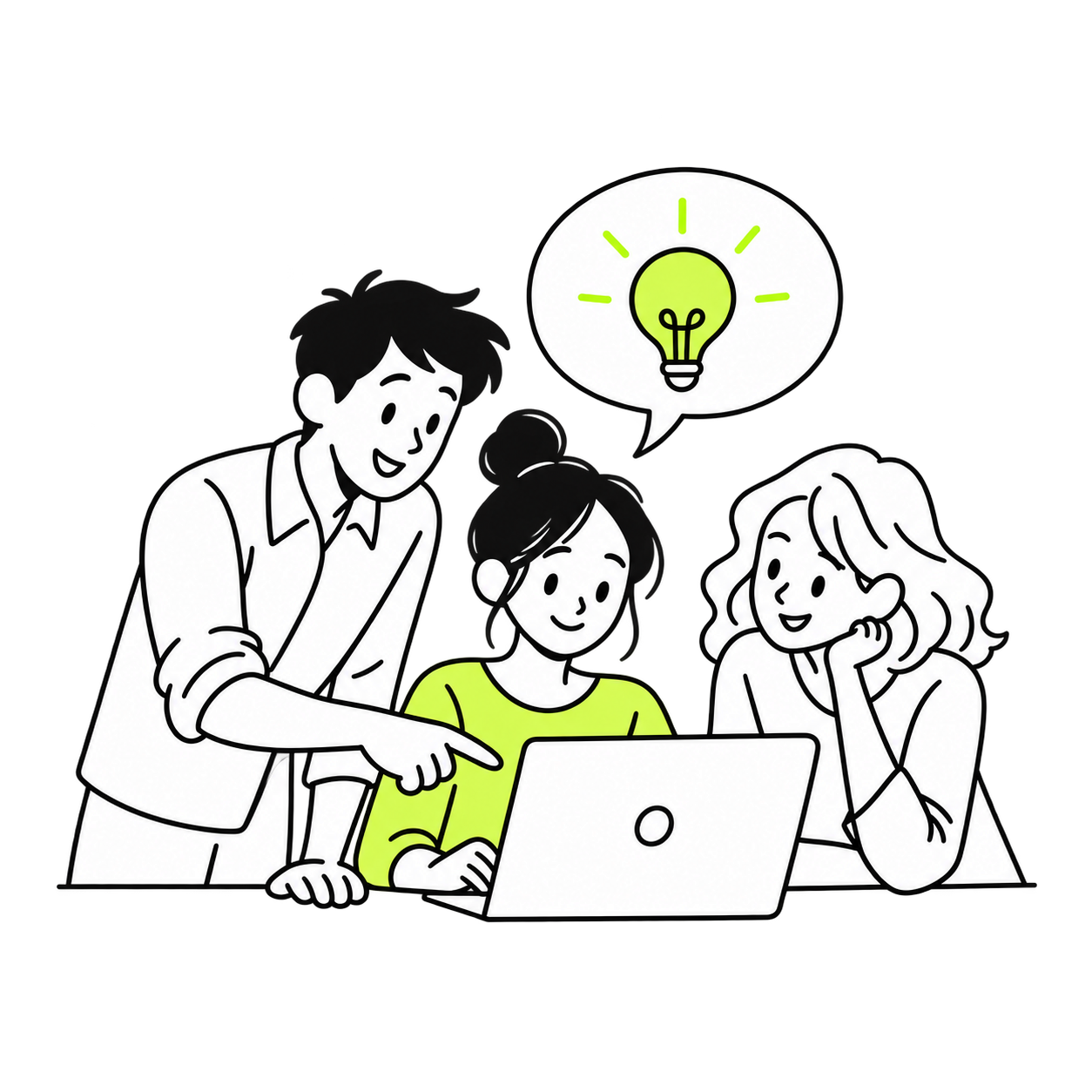 Three people sharing an idea around a laptop
