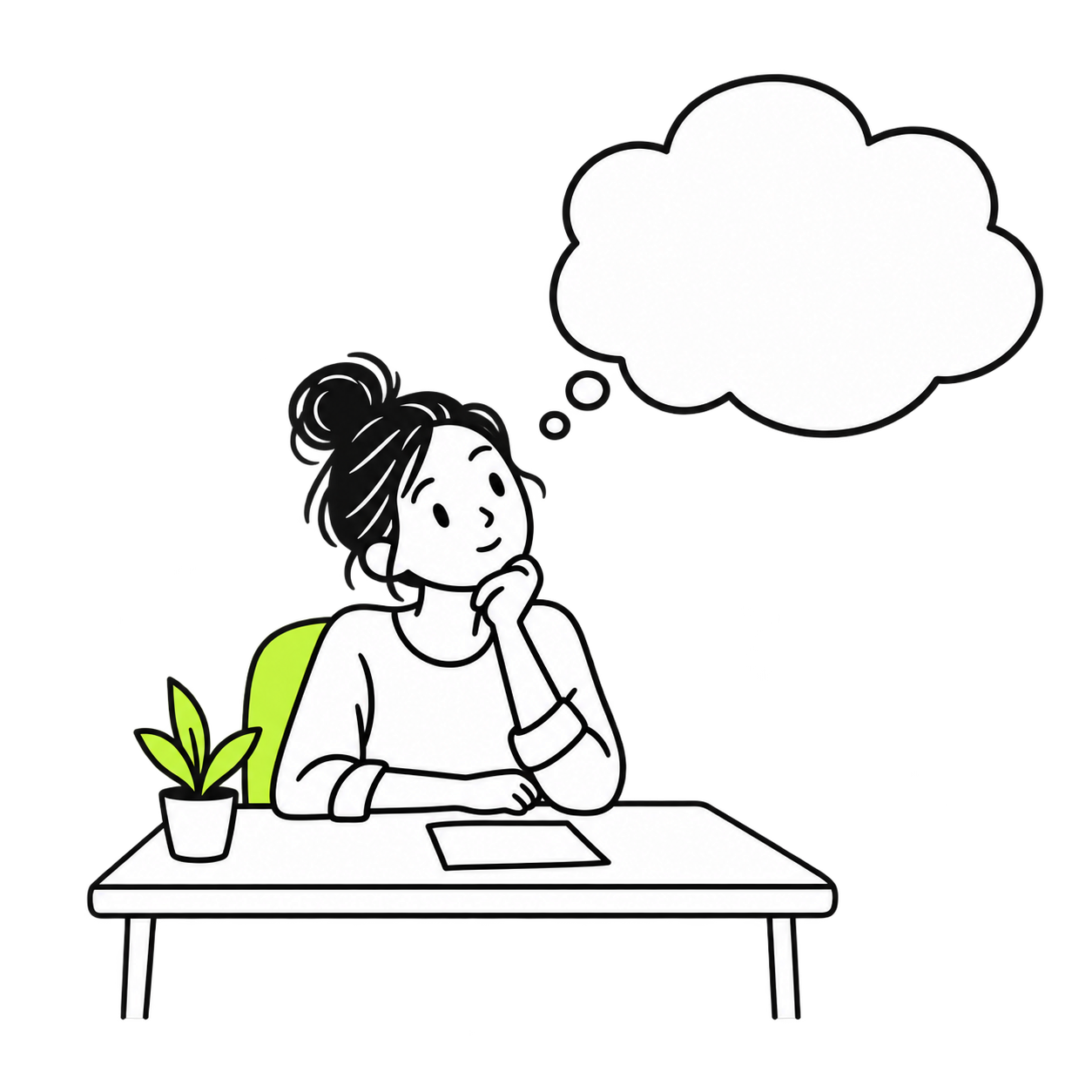 A thoughtful person considering a blank idea bubble