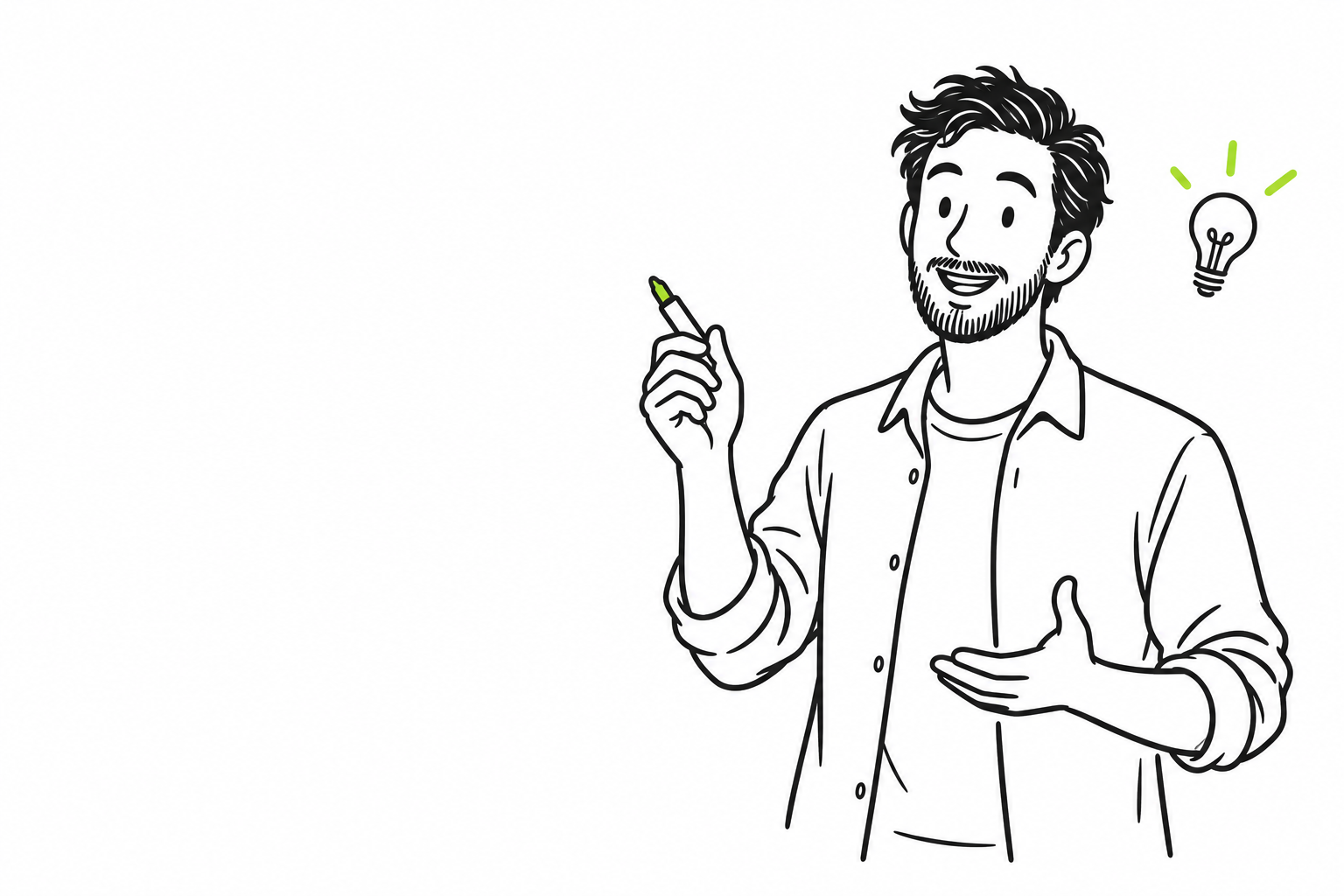 Illustrated whiteboard presenter holding a marker beside a lightbulb