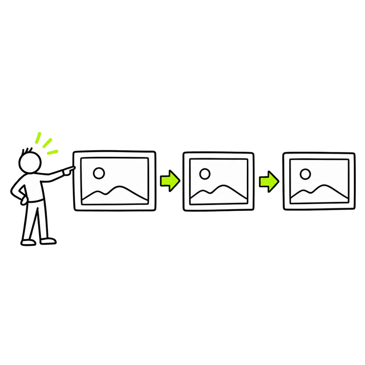 Three connected storyboard frames