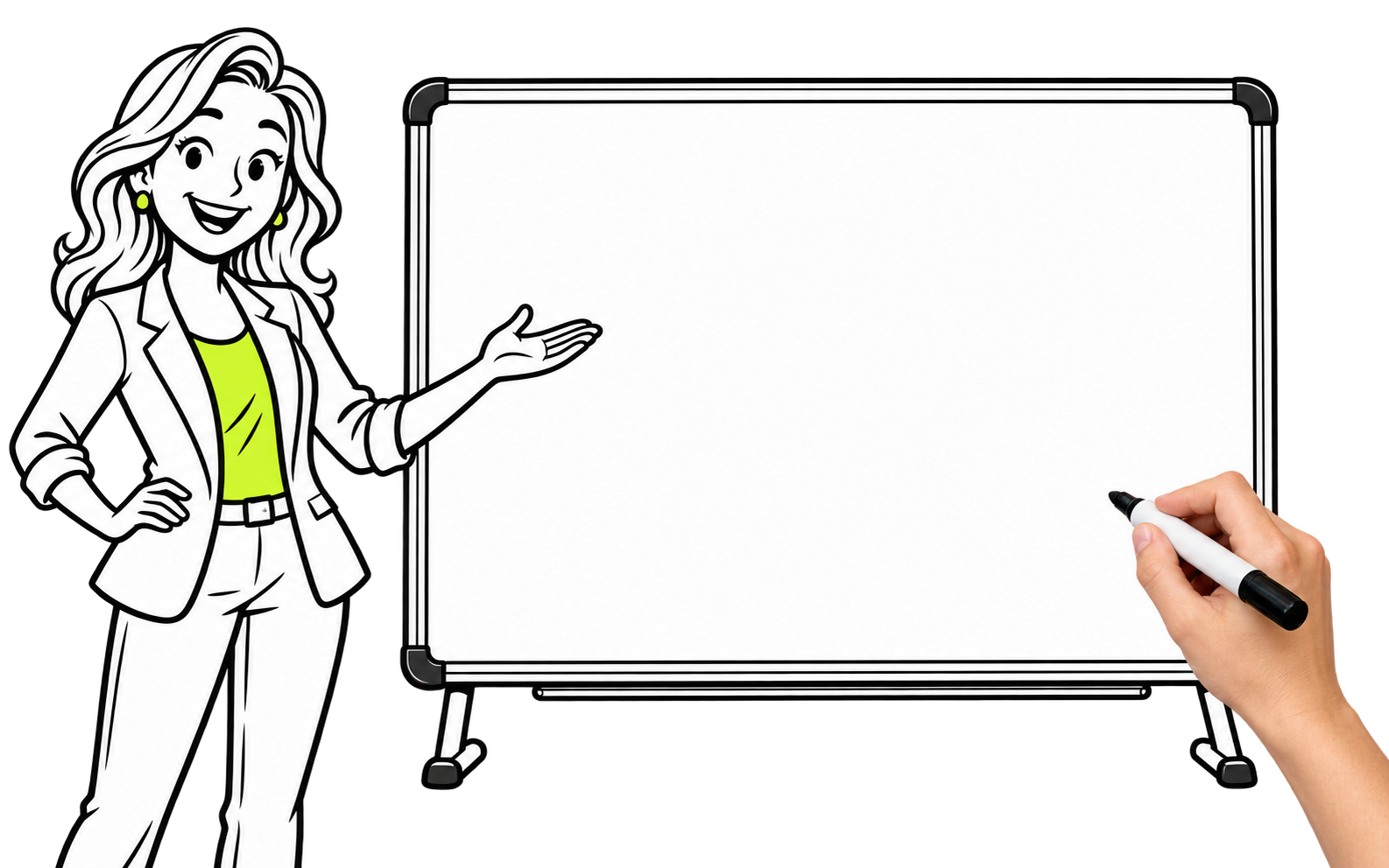 Illustrated presenter beside a blank whiteboard, with a hand holding a marker.